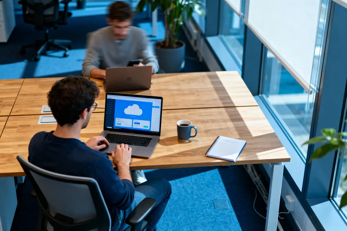 Deux personnes travaillent sur des ordinateurs portables dans un bureau moderne avec une table en bois et une décoration végétale.