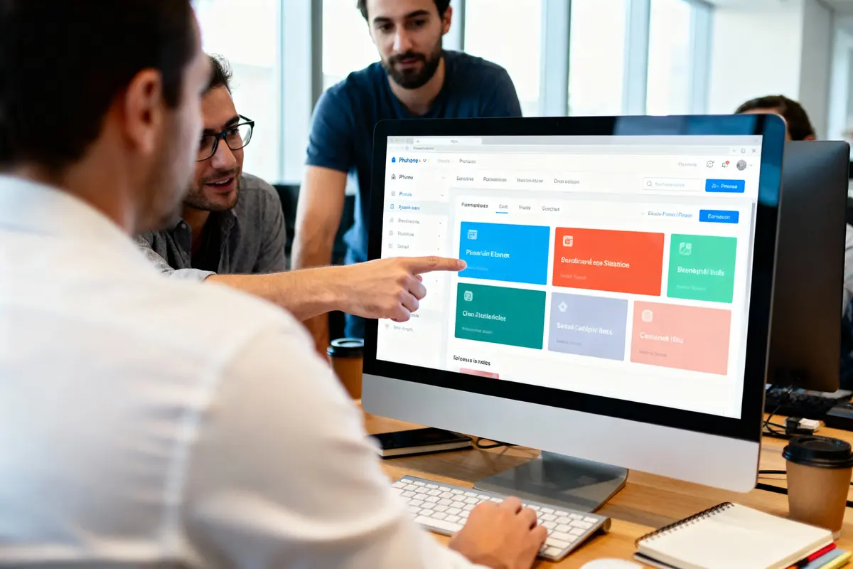Trois collègues collaborent devant un écran d'ordinateur affichant une interface web avec des cartes colorées dans un bureau moderne.