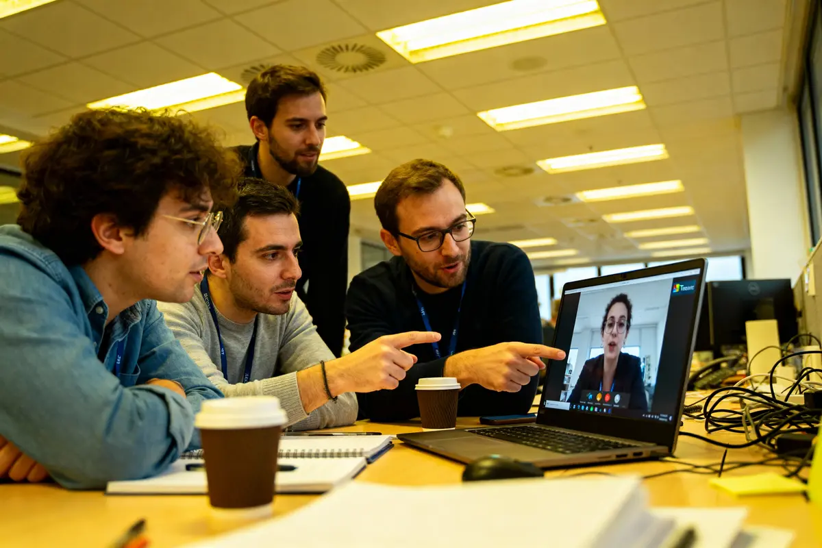 Quatre collègues en visioconférence avec une femme sur ordinateur portable dans un bureau moderne éclairé par néons.