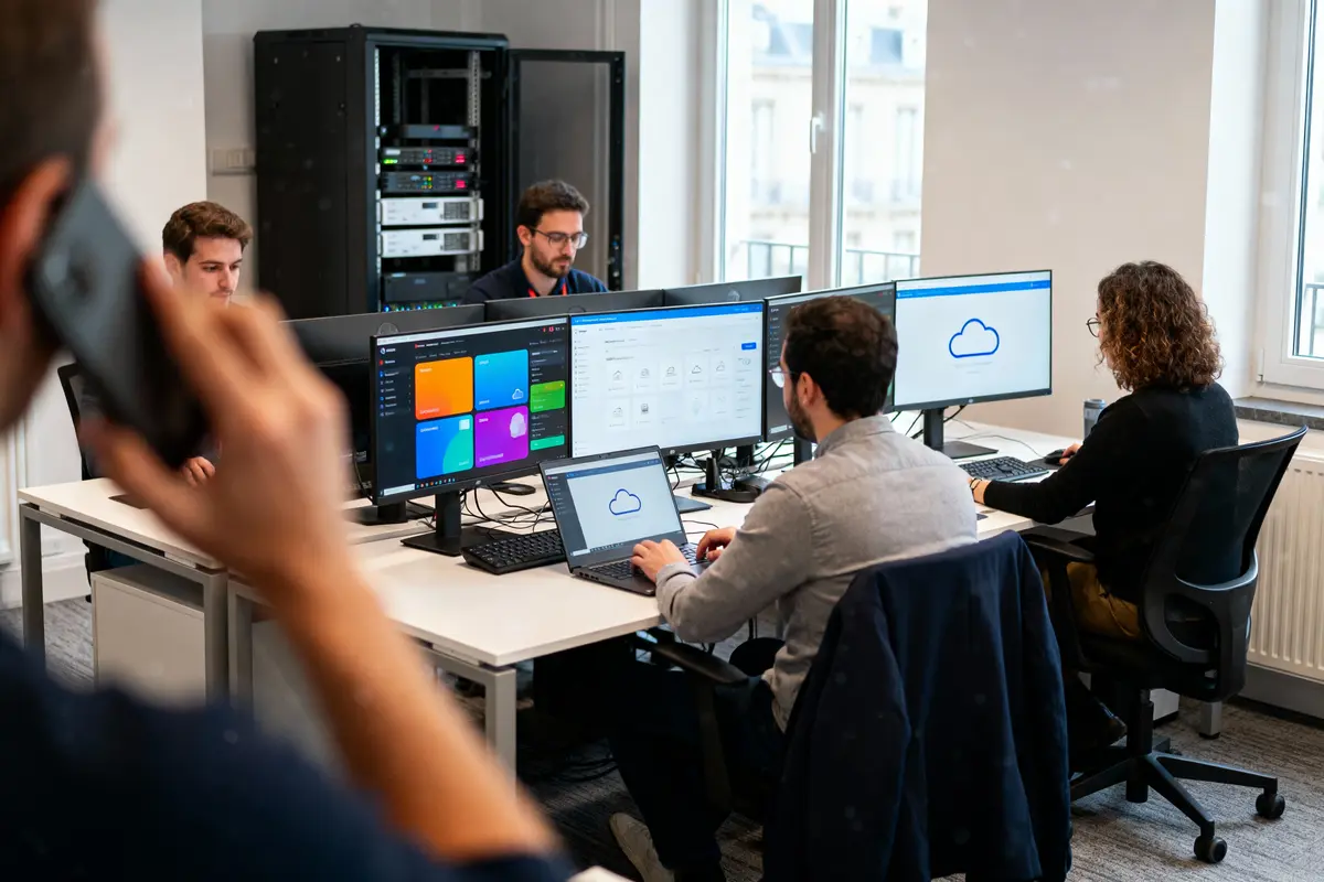 Équipe de développeurs travaillant sur plusieurs écrans d'ordinateur dans un bureau moderne avec serveurs informatiques en arrière-plan.