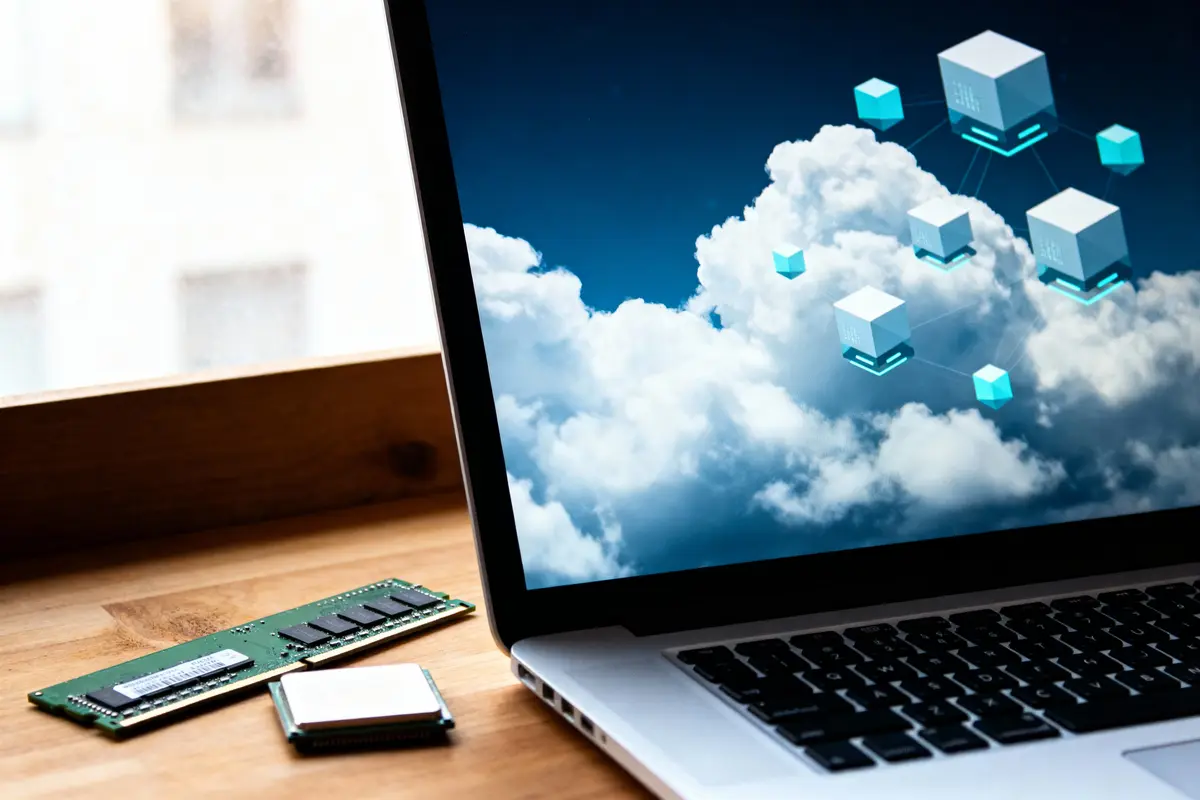 Ordinateur portable affichant une illustration de cloud computing avec des cubes flottants, accompagné de barrettes de mémoire RAM sur un bureau.