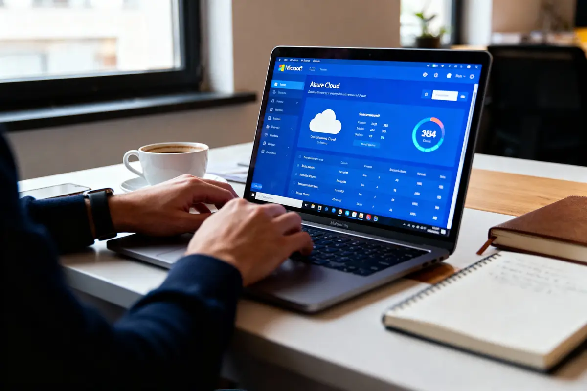 Personne travaillant sur un ordinateur portable affichant le tableau de bord Microsoft Azure Cloud avec café et carnets sur le bureau.