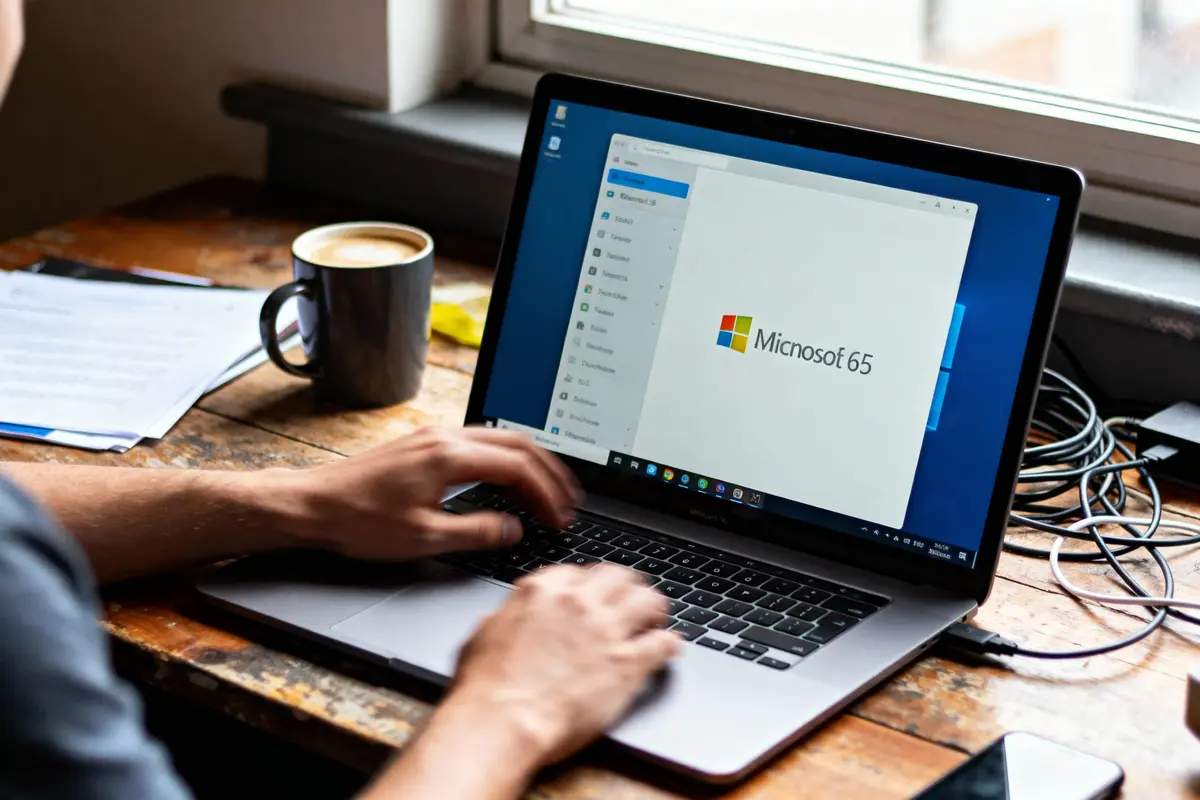 Personne travaillant sur un ordinateur portable affichant Microsoft 365, avec une tasse de café sur un bureau en bois près d'une fenêtre.