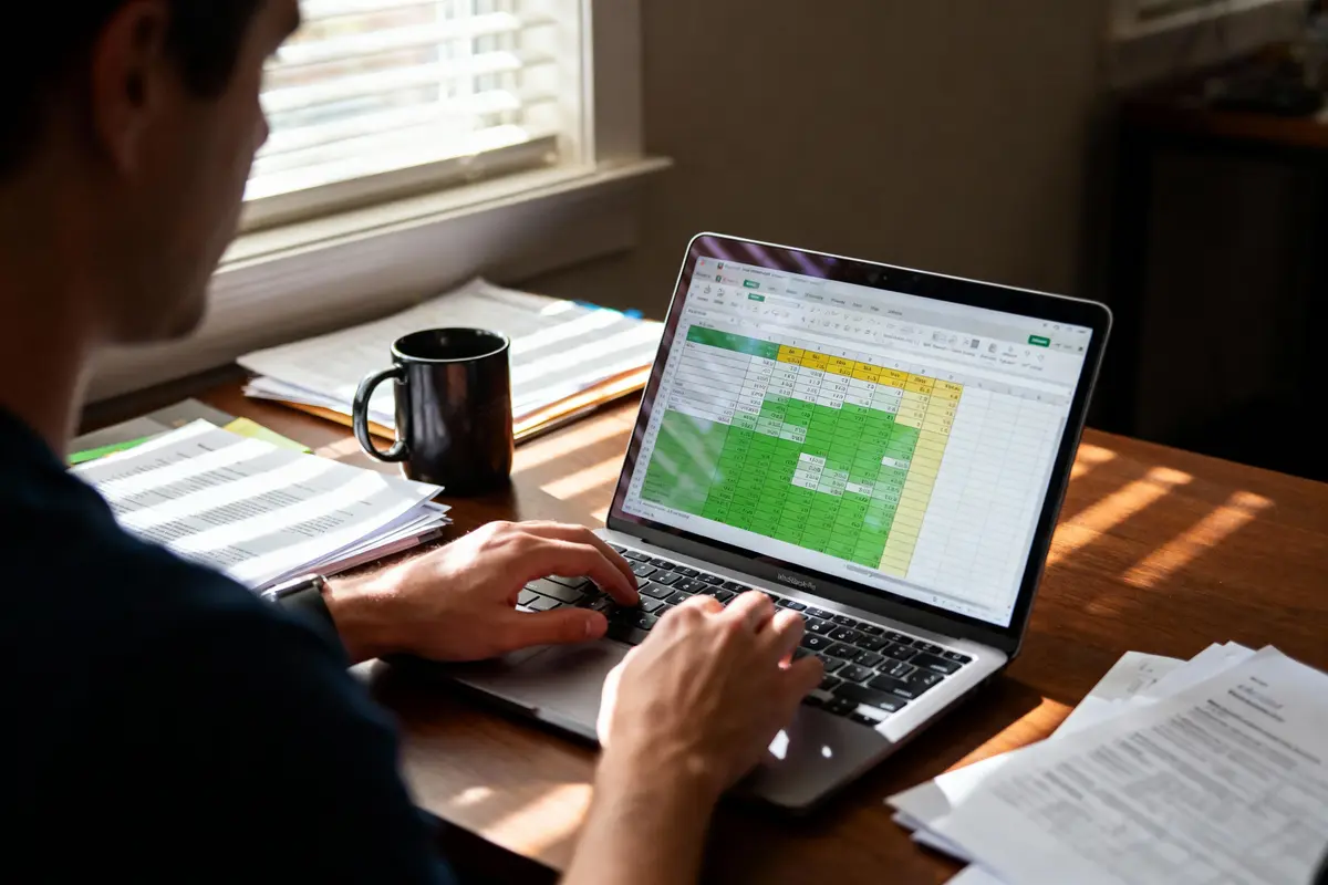 Personne travaillant sur un tableur Excel coloré sur ordinateur portable, avec documents, tasse de café et lumière naturelle.