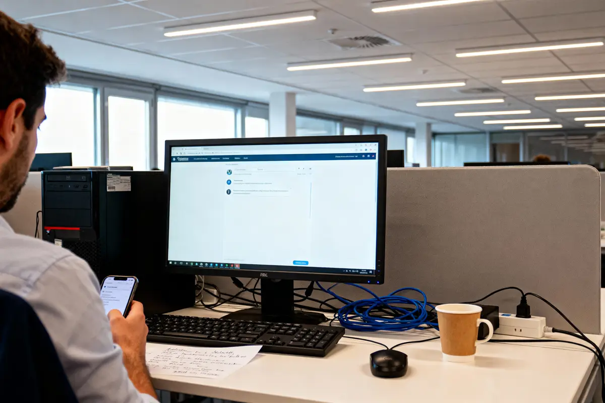 Homme consultant son téléphone dans un bureau moderne avec écrans d'ordinateur, clavier, câbles bleus et tasse de café.