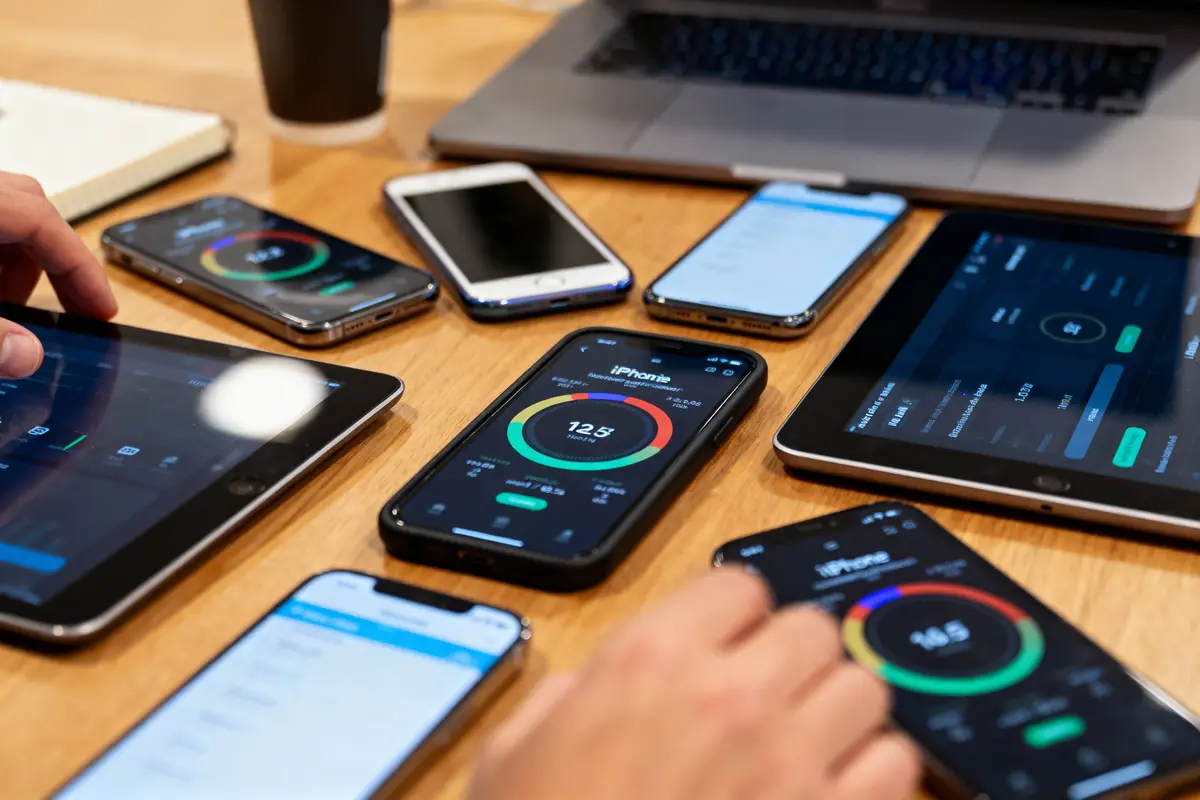 Plusieurs smartphones et tablettes affichant des graphiques colorés posés sur un bureau en bois avec un ordinateur portable.