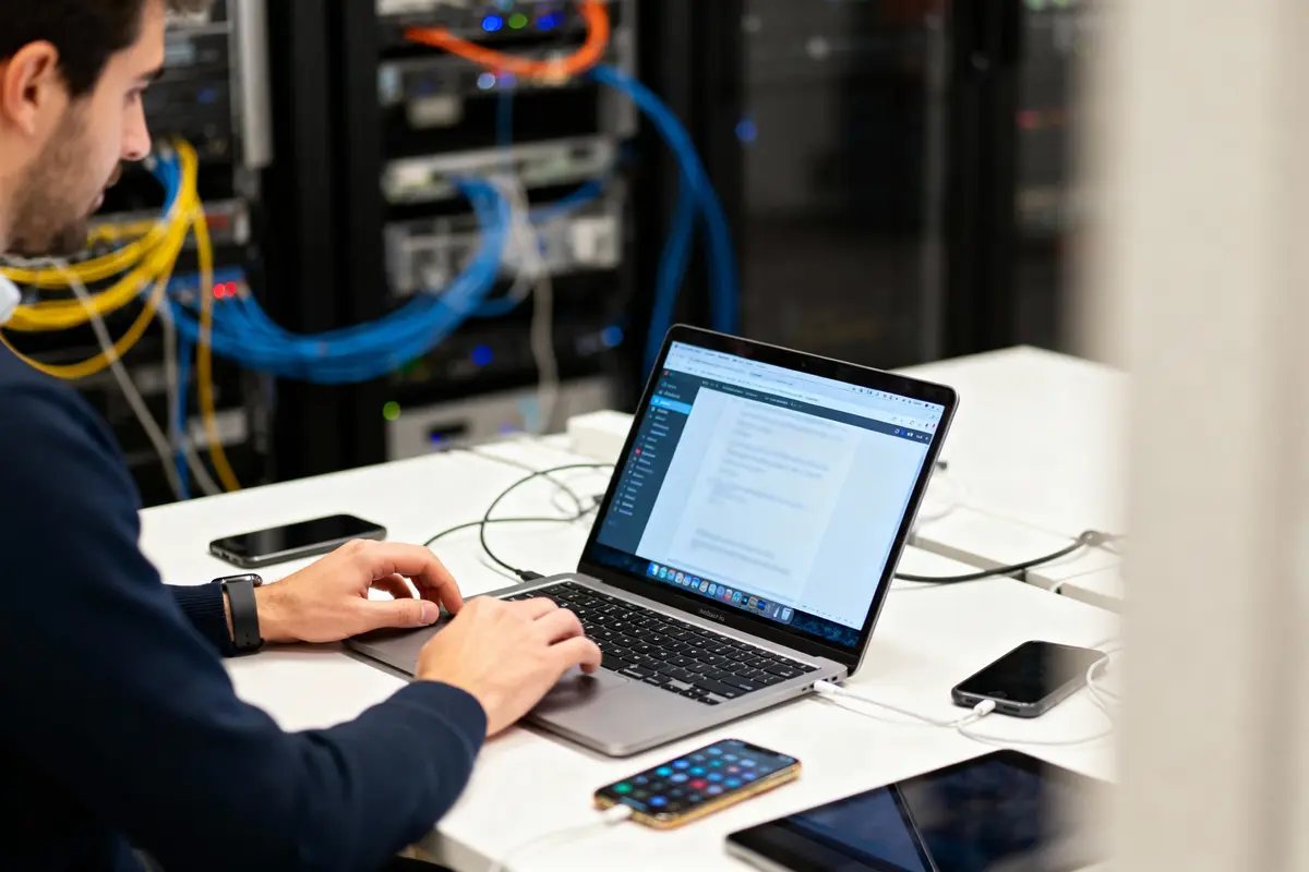 Technicien informatique travaillant sur un ordinateur portable devant une baie de serveurs avec câbles réseau bleus et jaunes.