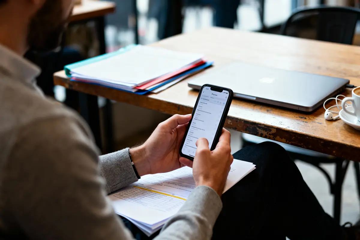 Personne consultant un smartphone à un bureau de travail avec ordinateur portable, documents et cahiers empilés.