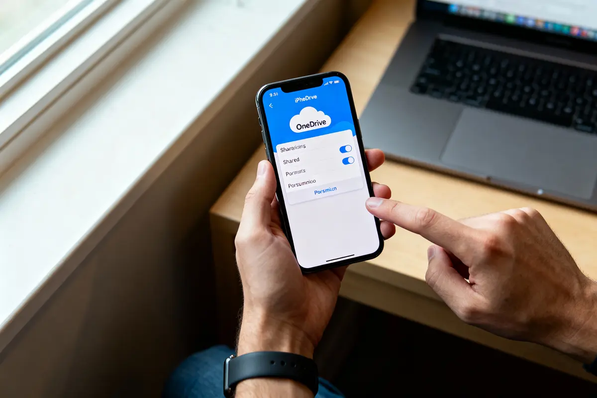 Personne utilisant l'application OneDrive sur iPhone avec menu de paramètres affichant les options de partage et synchronisation.