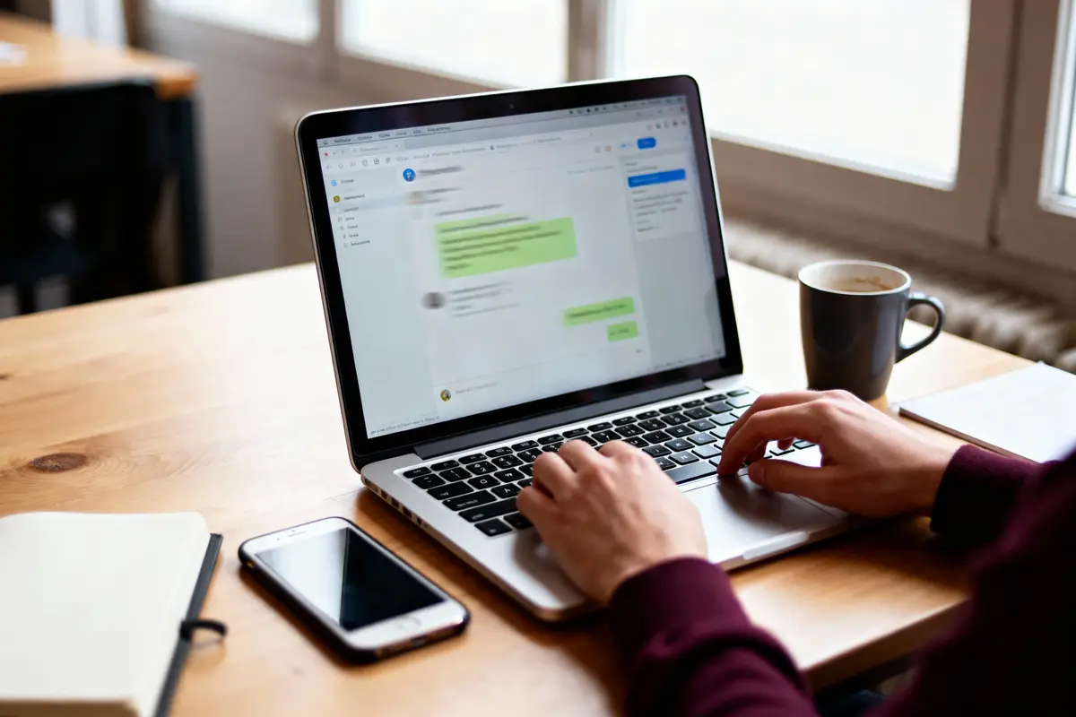 Personne travaillant sur un ordinateur portable affichant une interface de messagerie, avec smartphone, café et cahier sur bureau en bois.