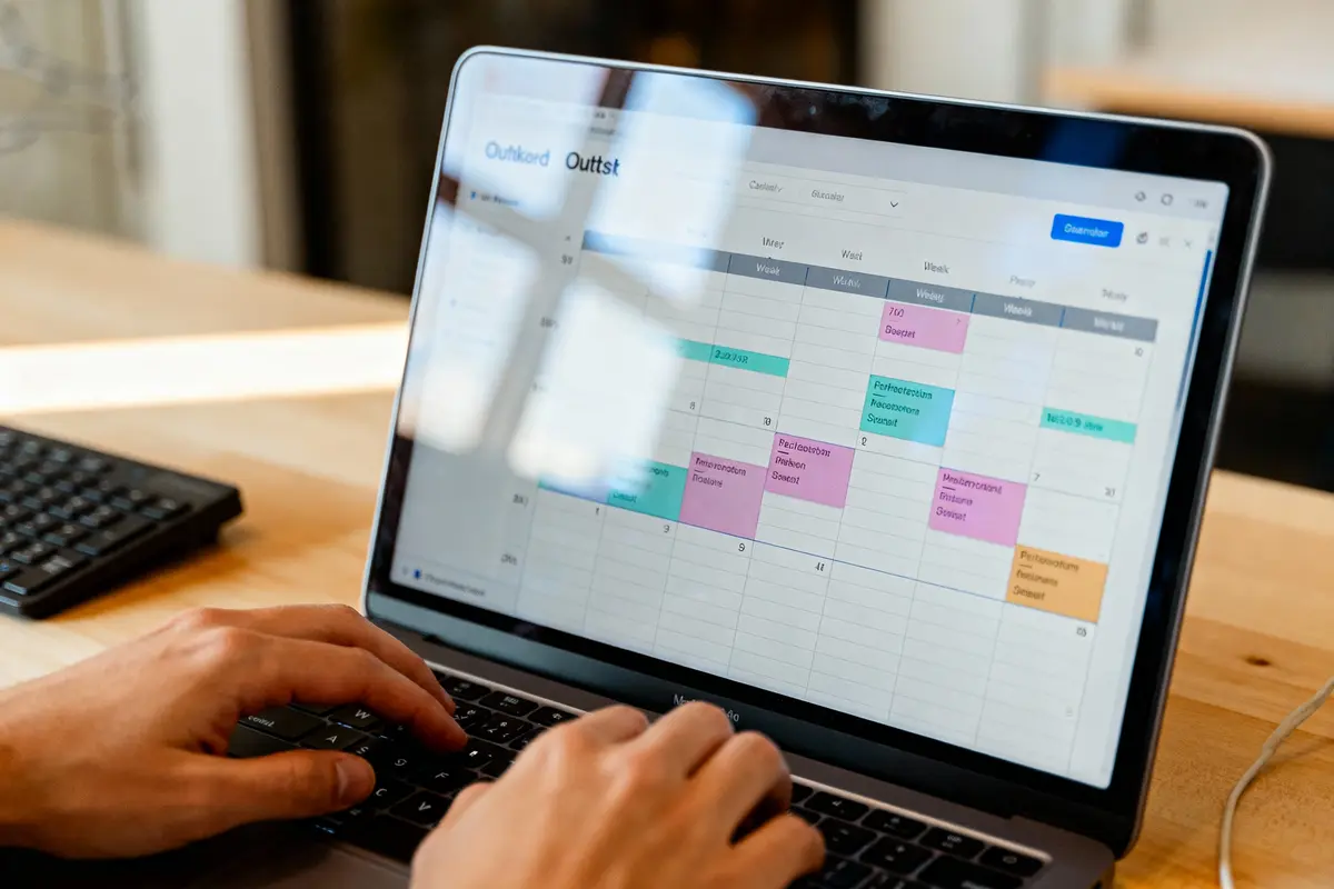 Ordinateur portable affichant un calendrier numérique avec des événements colorés, mains tapant sur le clavier sur un bureau en bois.