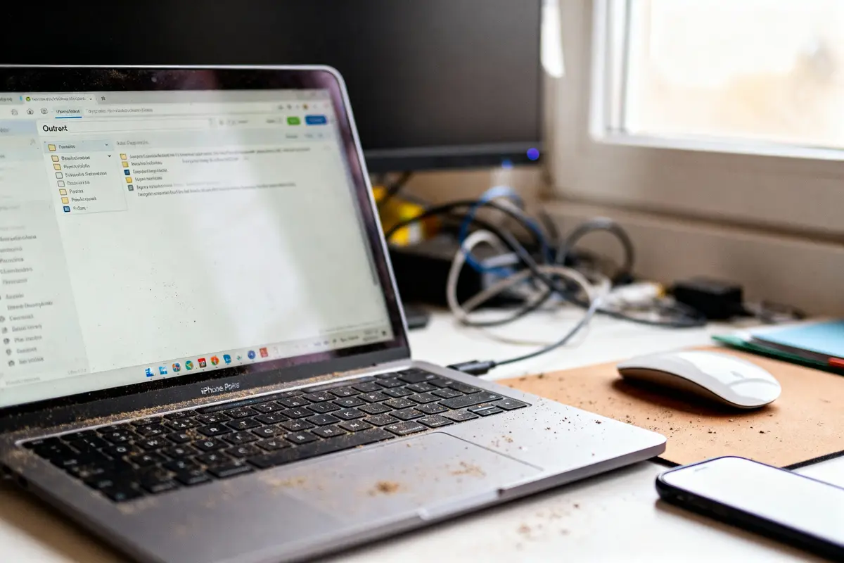 MacBook ouvert affichant Outret sur un bureau avec écran externe, souris, câbles et accessoires dans un espace de travail lumineux.