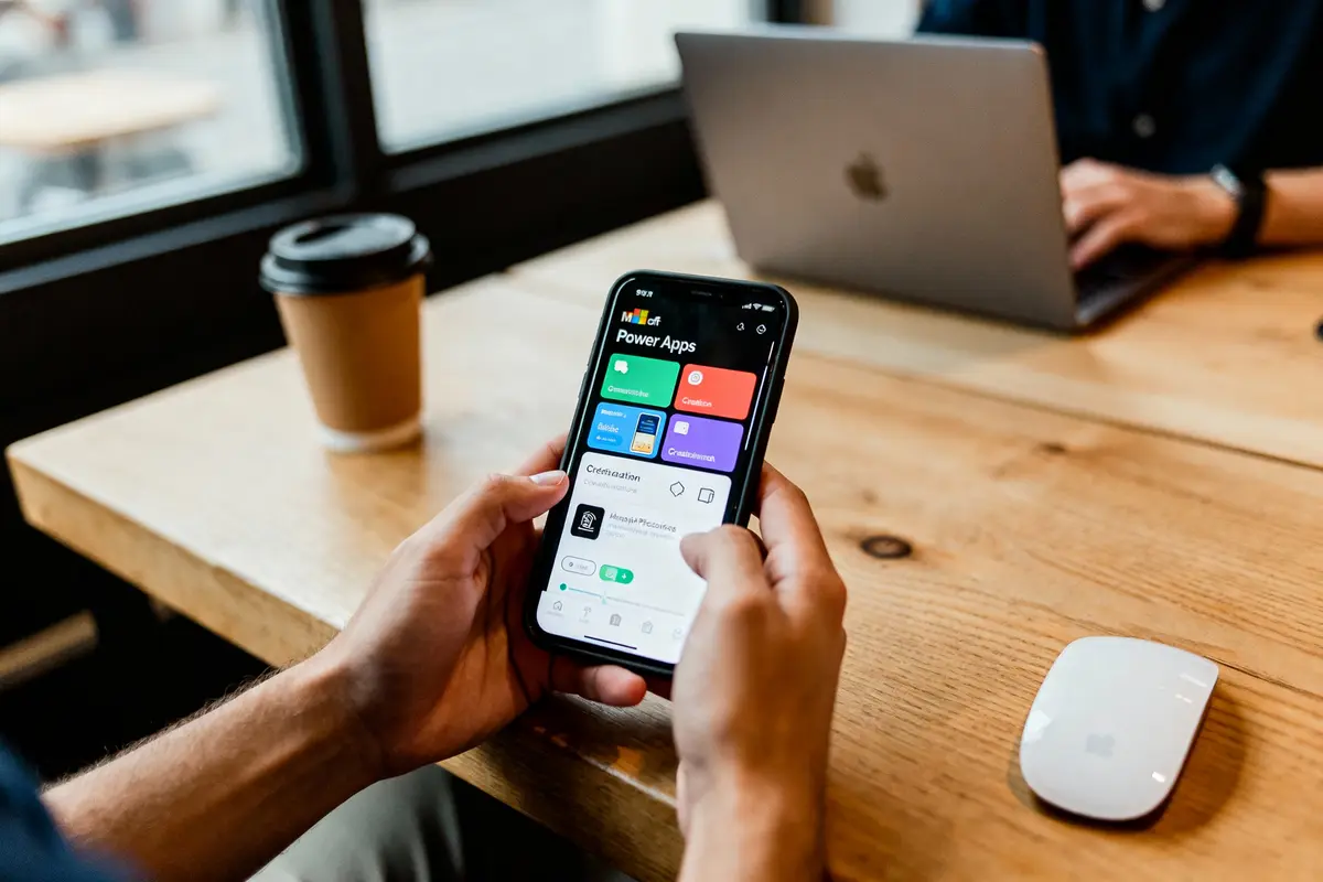 Personne utilisant Microsoft Power Apps sur smartphone dans un espace de travail avec ordinateur portable et café sur table en bois.