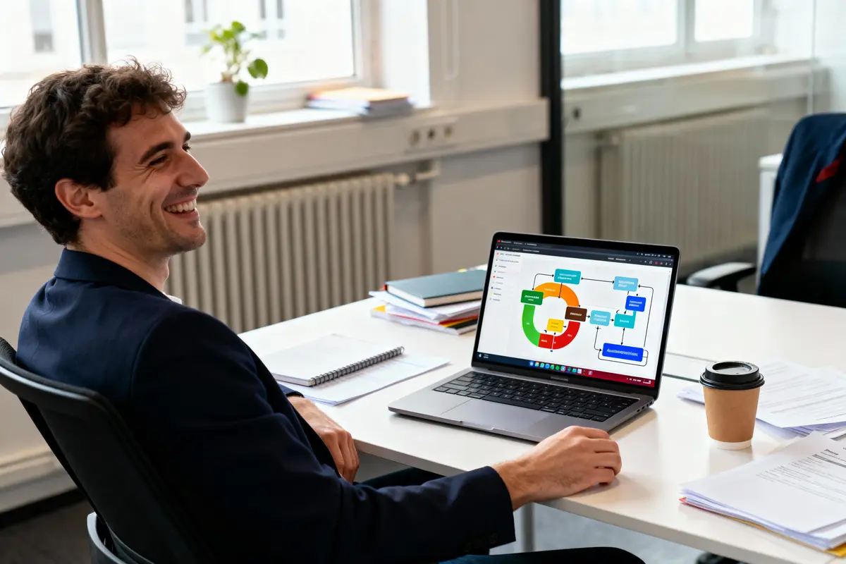 Homme souriant travaillant sur un ordinateur portable affichant un diagramme coloré dans un bureau lumineux et moderne.