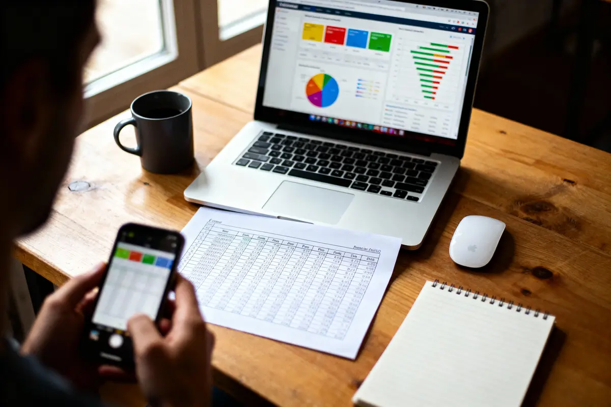 Personne analysant des données sur ordinateur portable avec graphiques colorés, tenant un smartphone, bureau avec café et documents.