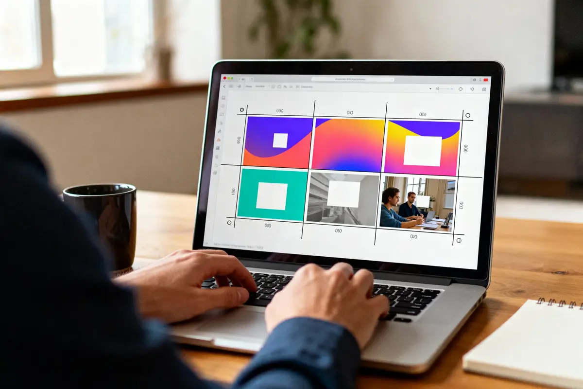 Personne travaillant sur un ordinateur portable affichant une grille de designs colorés et photos dans un logiciel de création graphique.