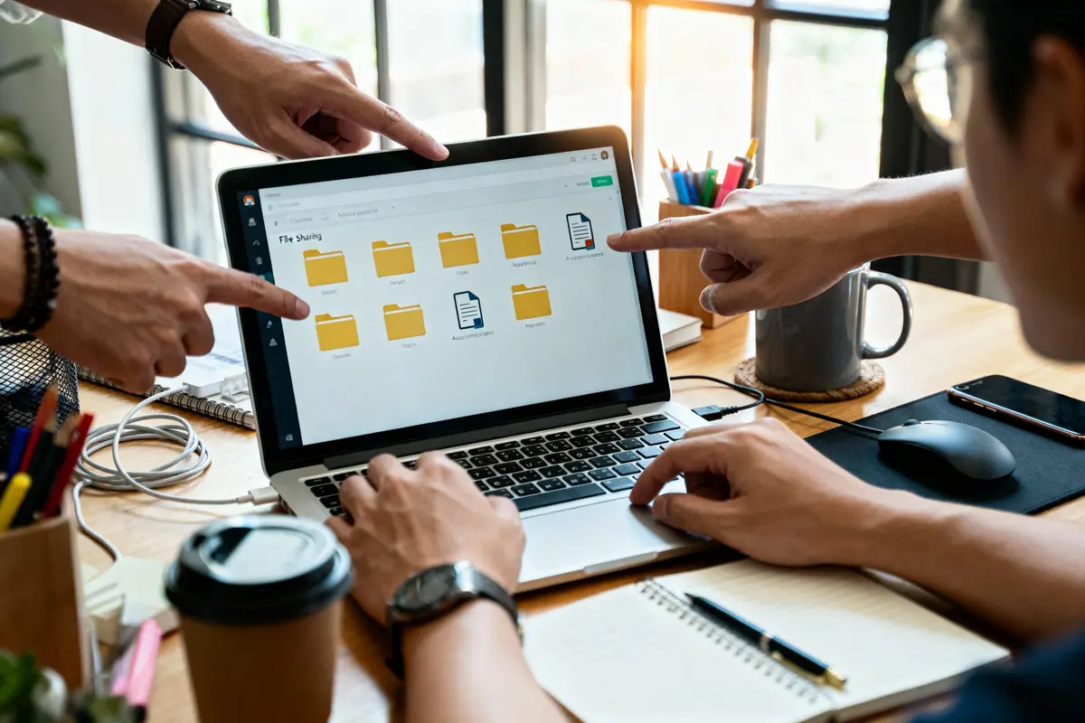 Équipe collaborative pointant des dossiers jaunes sur écran d'ordinateur portable dans un espace de travail avec café et fournitures.