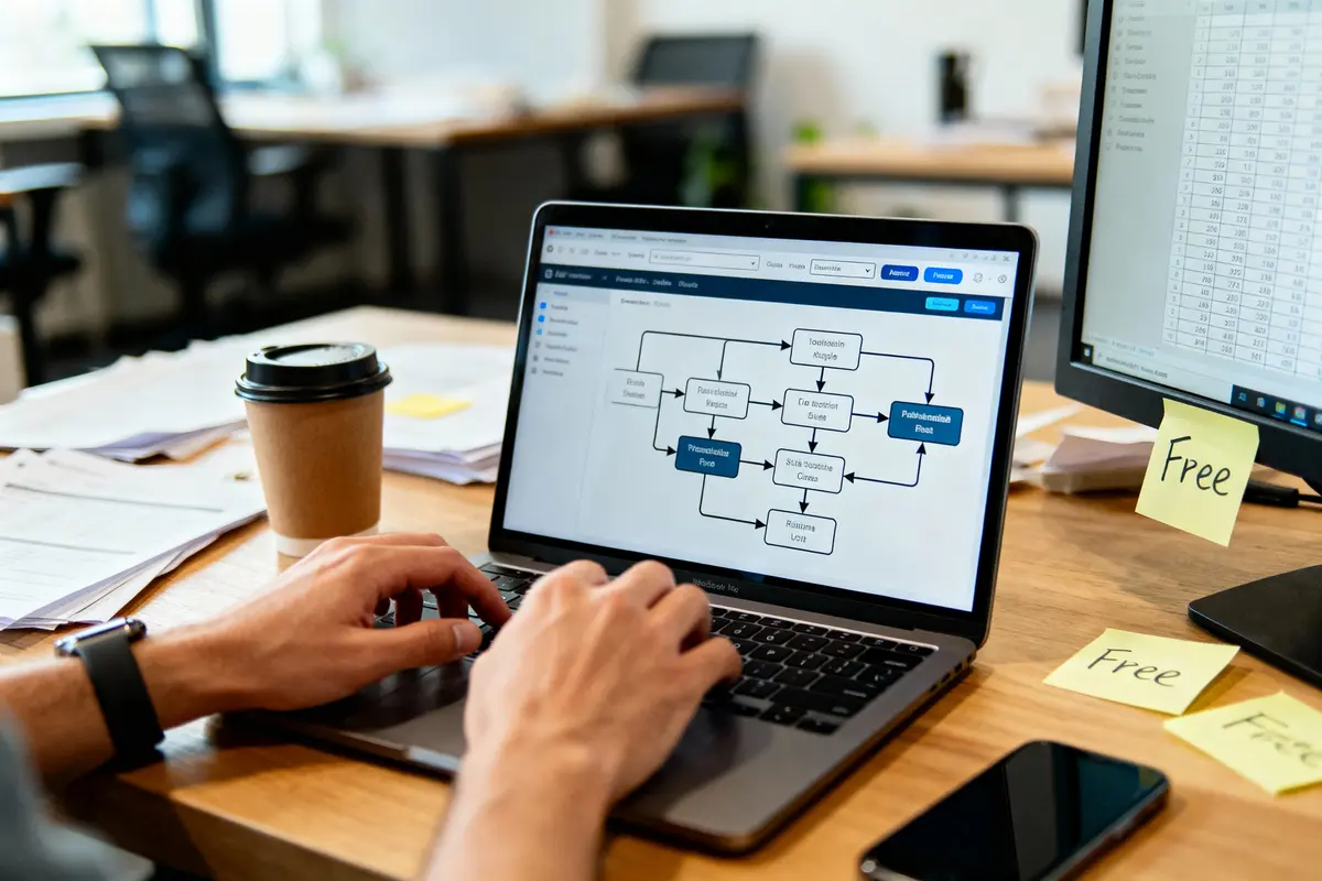 Personne travaillant sur un ordinateur portable affichant un organigramme de processus dans un bureau moderne avec café et post-it.