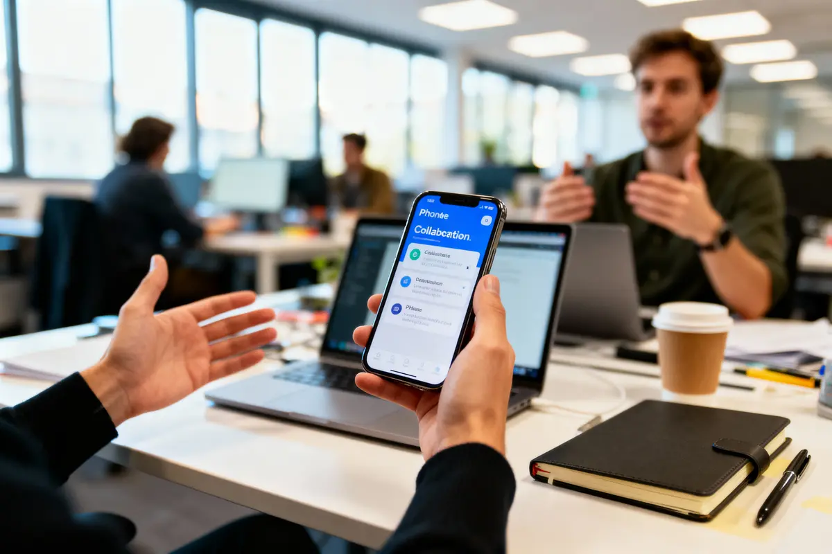 Personne tenant un smartphone affichant une application de collaboration lors d'une réunion de travail en bureau moderne.