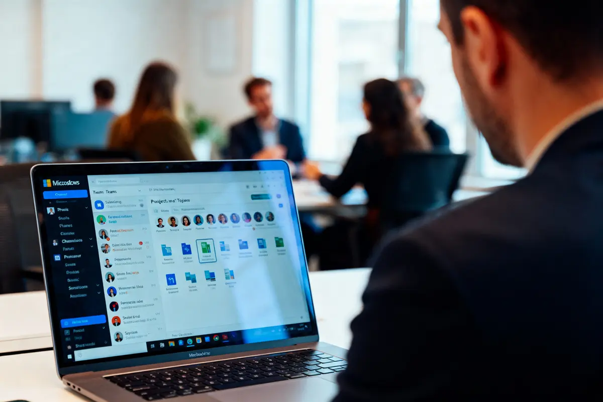 Ordinateur portable affichant Microsoft Teams lors d'une réunion d'équipe en bureau moderne avec collaborateurs en arrière-plan.