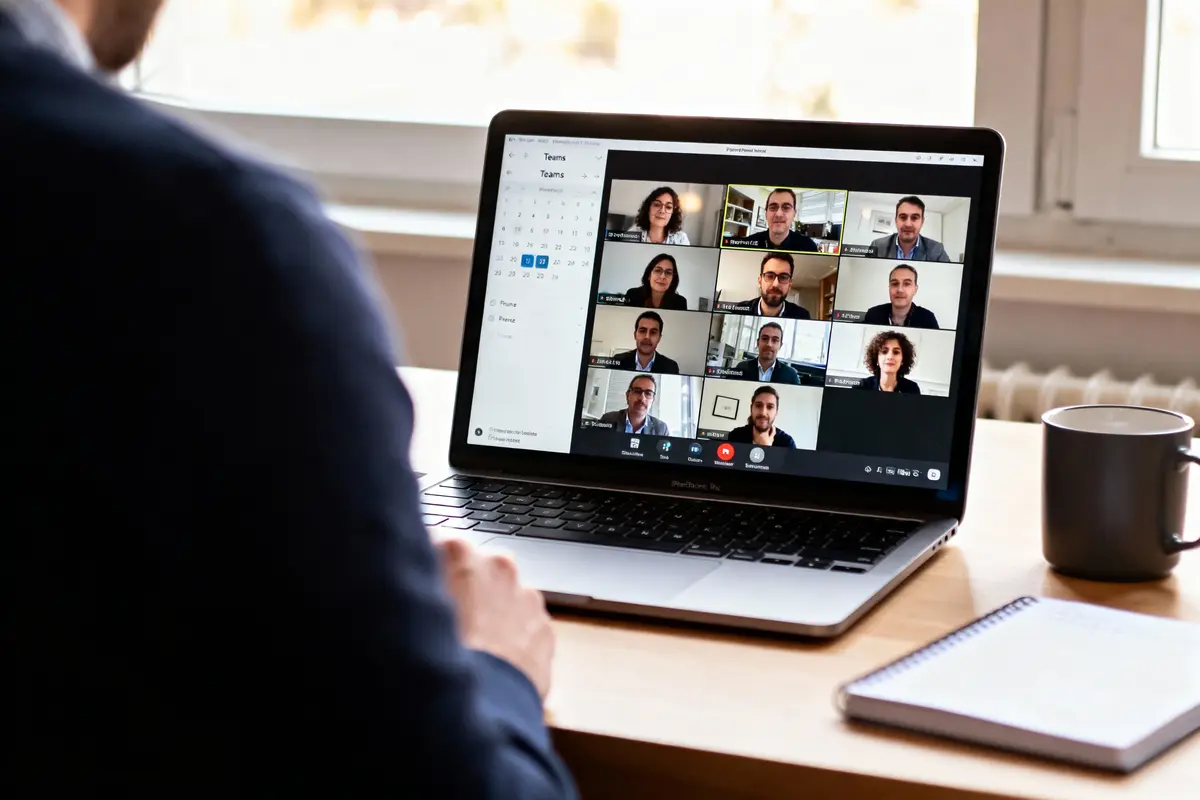 Personne en visioconférence Microsoft Teams sur ordinateur portable avec onze participants affichés en grille, tasse et carnet sur bureau.