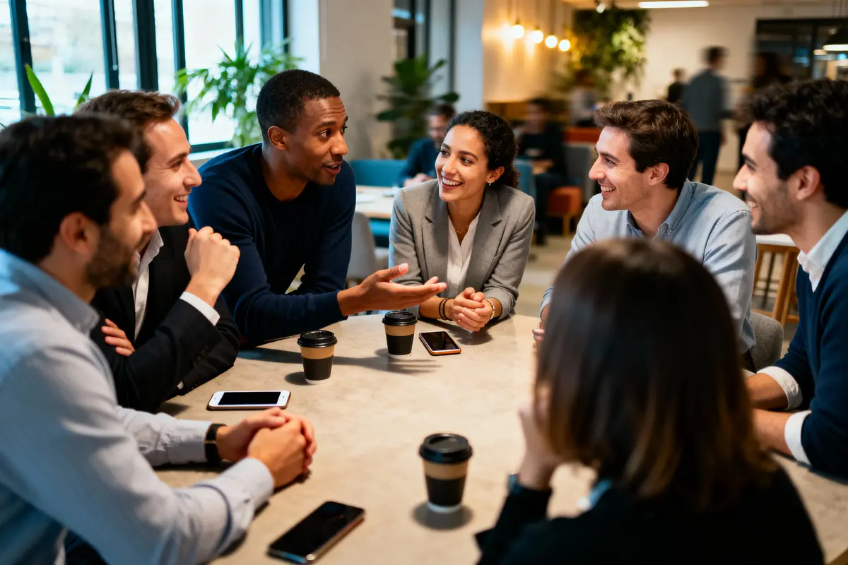 Groupe de professionnels diversifiés en réunion autour d'une table avec cafés et smartphones dans un bureau moderne lumineux.
