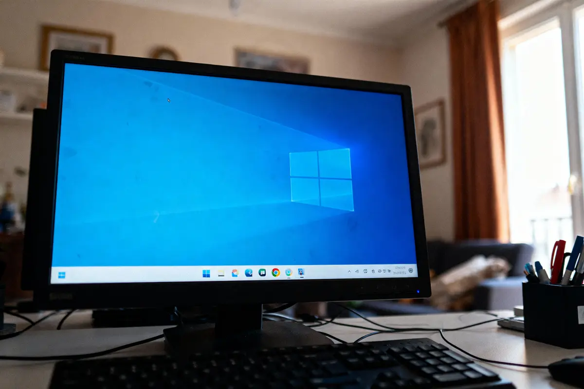 Écran d'ordinateur affichant le bureau Windows 10 avec fond bleu et barre des tâches, dans un bureau lumineux.
