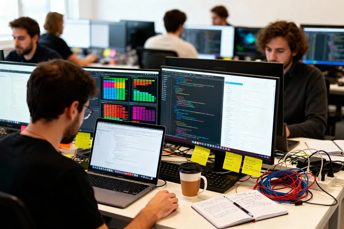 Développeurs travaillant sur ordinateurs avec code de programmation et graphiques colorés dans un bureau moderne et collaboratif.