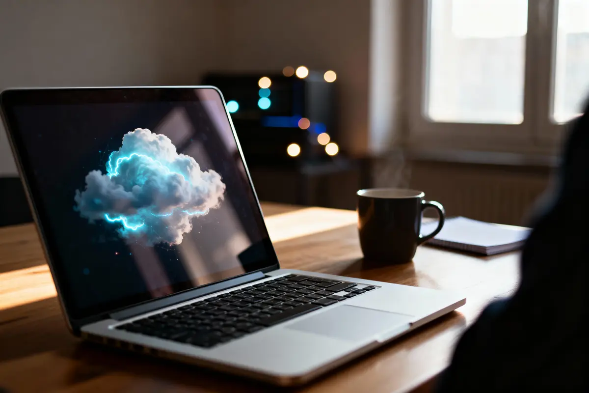 Ordinateur portable sur bureau en bois affichant un nuage lumineux bleu, avec tasse de café et lumières d'ambiance en arrière-plan.