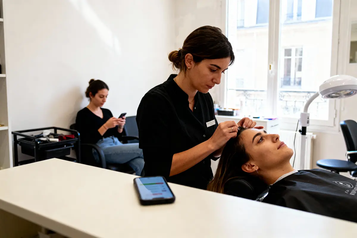 Esthéticienne en tunique noire effectuant un soin des sourcils à une cliente allongée dans un salon lumineux et moderne.