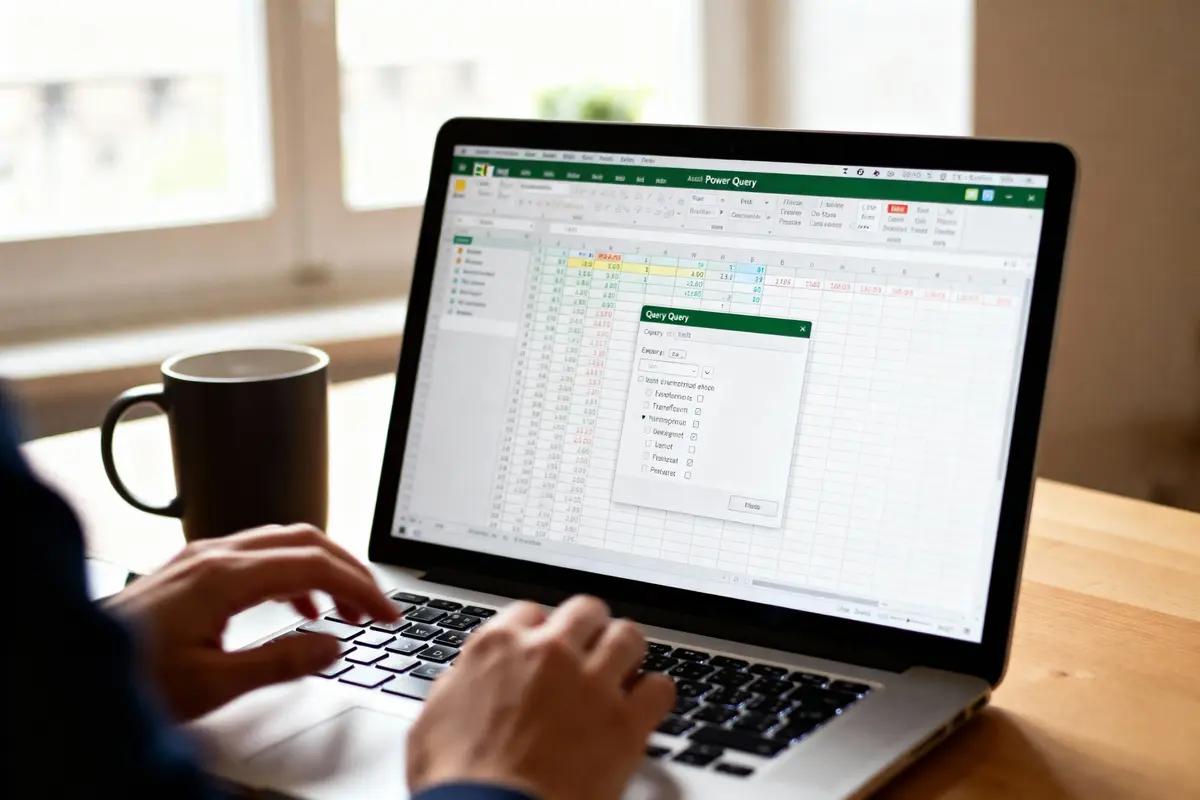 Personne travaillant sur Excel avec la fonction Power Query ouverte, affichant un tableau de données et une boîte de dialogue de requête.