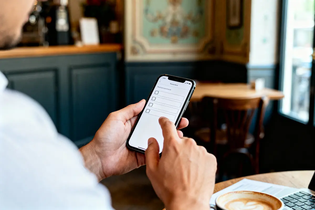 Personne consultant une liste de tâches sur smartphone dans un café avec ordinateur portable et cappuccino sur la table.