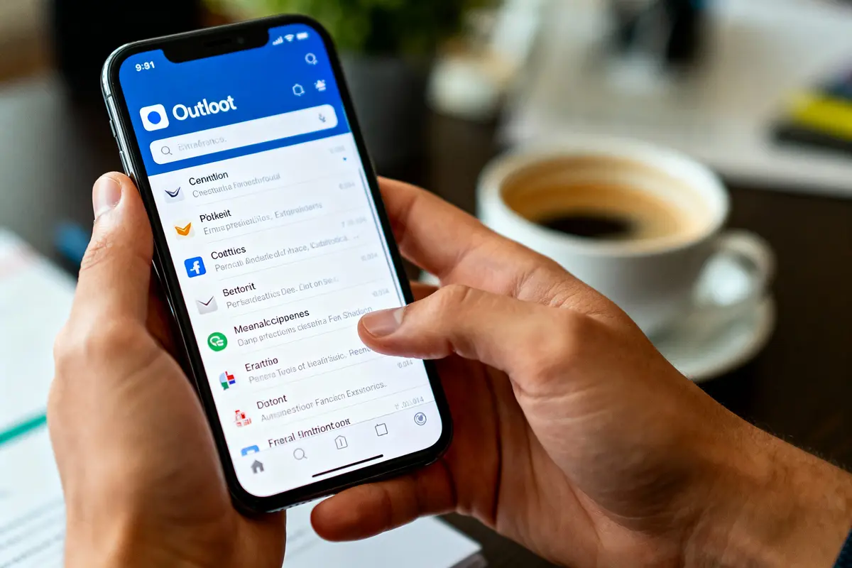 Main tenant un smartphone affichant l'application Outlook avec une liste d'emails, tasse de café en arrière-plan flou.