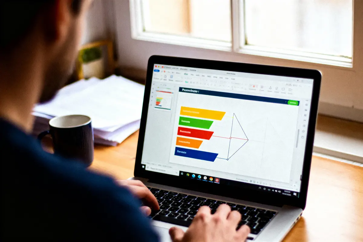 Personne travaillant sur un ordinateur portable affichant une présentation avec un graphique en entonnoir coloré et un diagramme pyramidal.