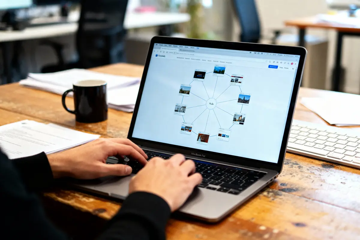 Personne travaillant sur un ordinateur portable affichant une carte mentale avec images, sur un bureau en bois avec café et documents.