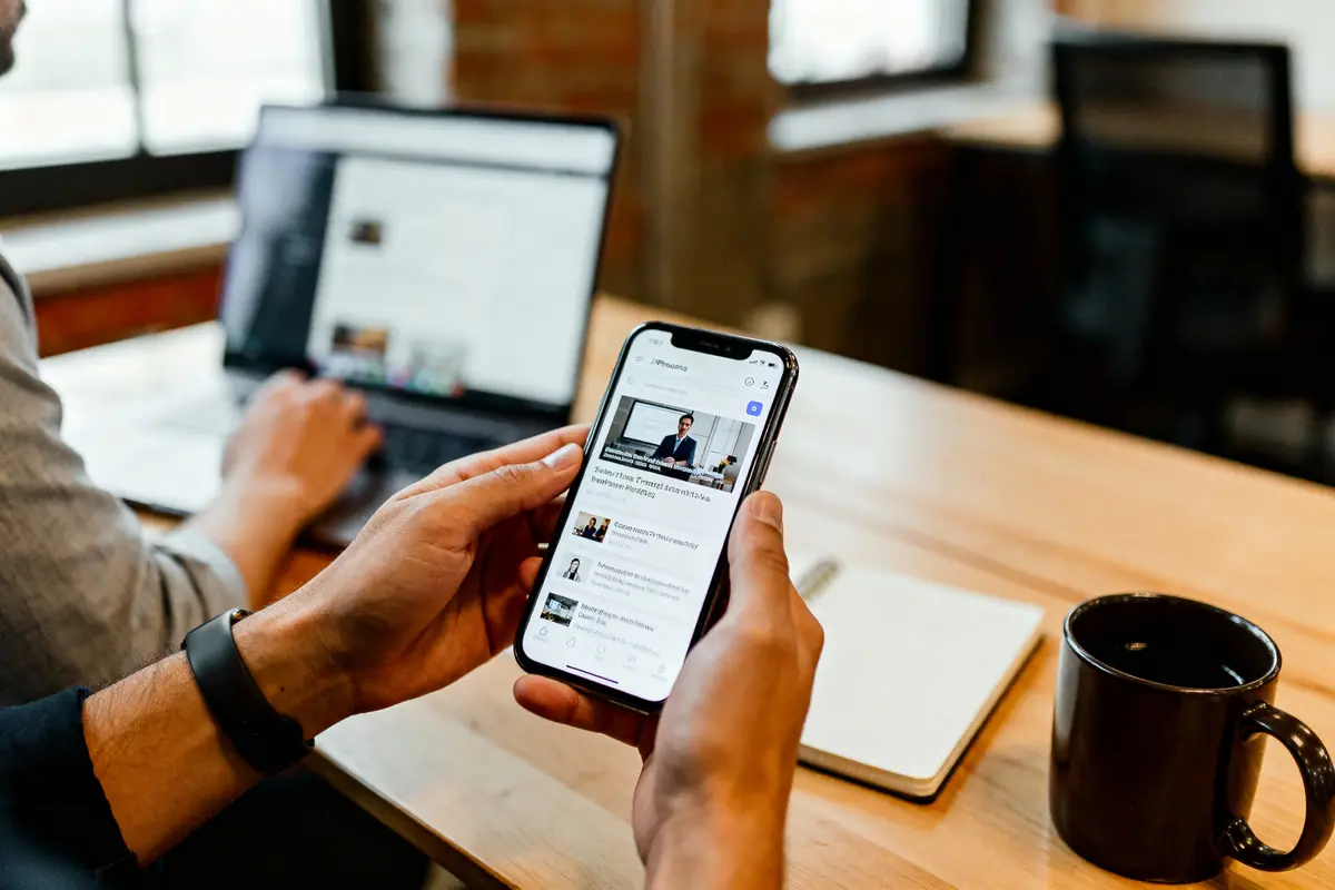 Personne consultant un smartphone affichant du contenu professionnel sur un bureau avec ordinateur portable, cahier et tasse de café.