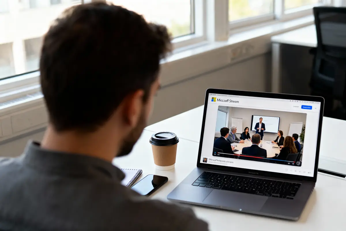 Homme participant à une visioconférence Microsoft Stream sur son ordinateur portable, avec café et téléphone sur le bureau.
