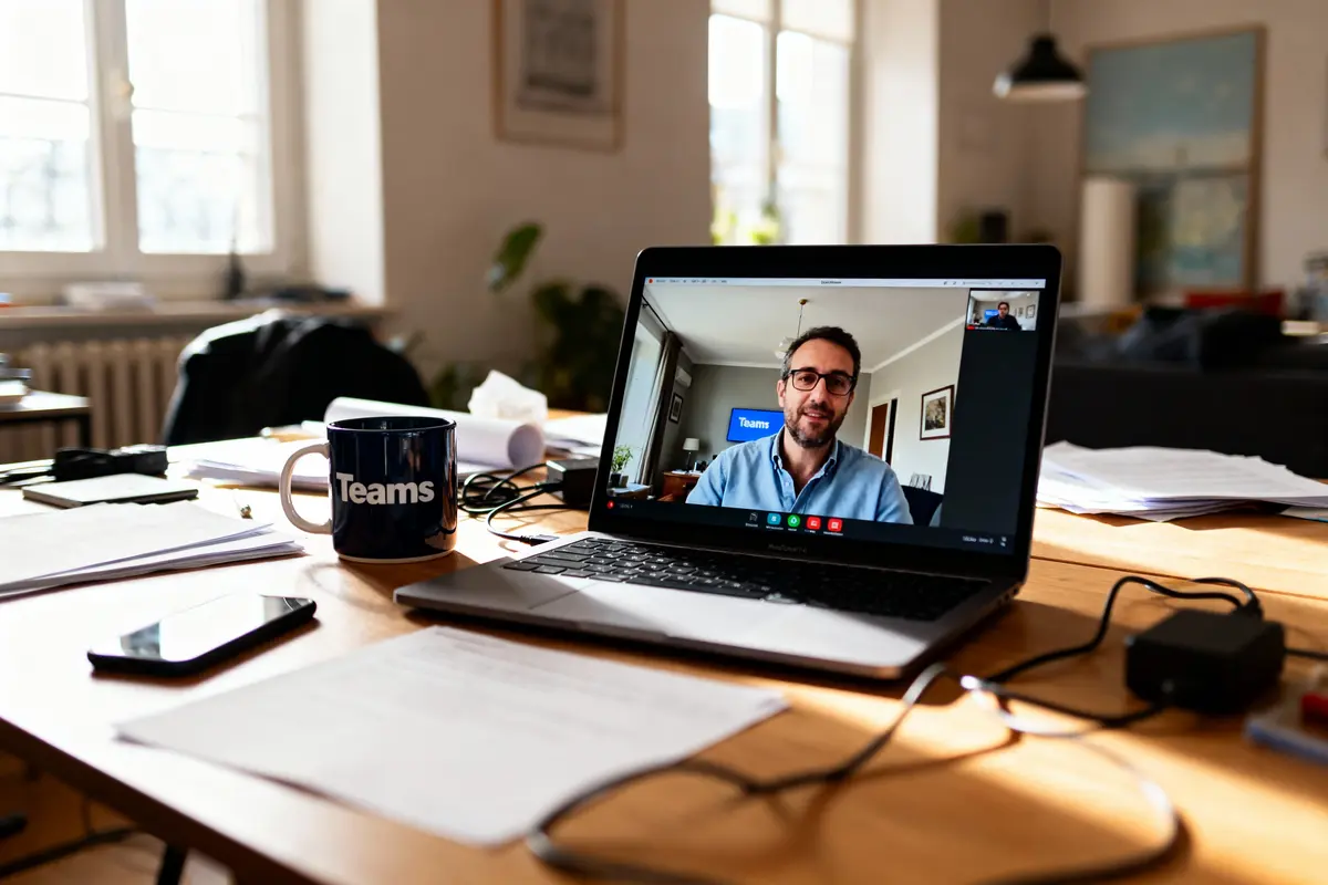 Ordinateur portable sur un bureau montrant une visioconférence Microsoft Teams, avec une tasse Teams et documents dans un espace de travail lumineux.