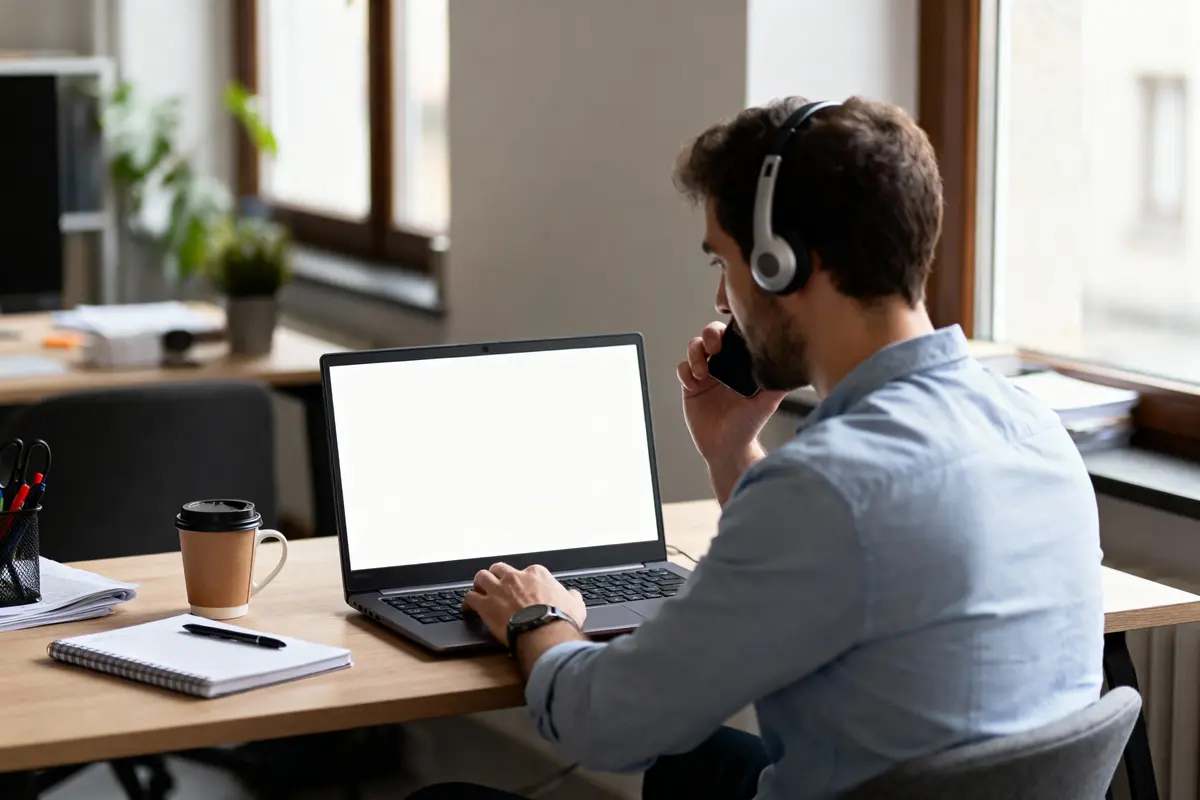 Homme avec casque audio travaillant sur ordinateur portable et téléphonant dans un bureau lumineux moderne avec café.