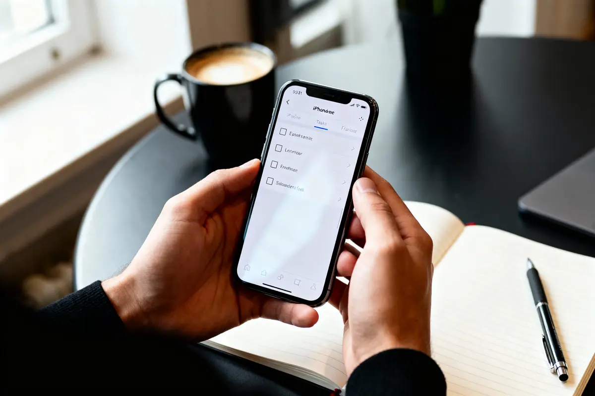 Personne tenant un iPhone affichant une liste de tâches, avec tasse de café et carnet sur un bureau moderne.