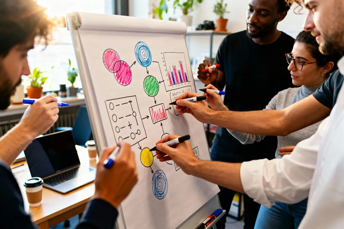 Équipe collaborative dessinant des diagrammes colorés et des graphiques sur un tableau blanc lors d'une séance de brainstorming en bureau.